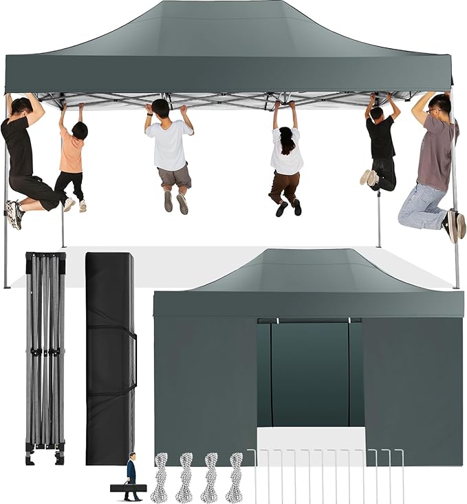 COBIZI 10x15 Pop Up Canopy with 4 Sidewall,Heavy Duty Canopy UPF 50+ All Season Wind Waterproof Commercial Outdoor Wedding Party Tents for Parties Gazebo with Carry Bag(10 x 15 ft Gray)