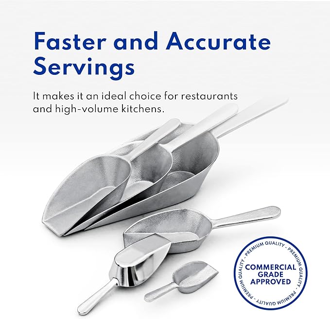New Star Foodservice 34646 One-Piece Cast Aluminum Flat Bottom Bar Ice Flour Utility Scoop, 2-Ounce, Silver
