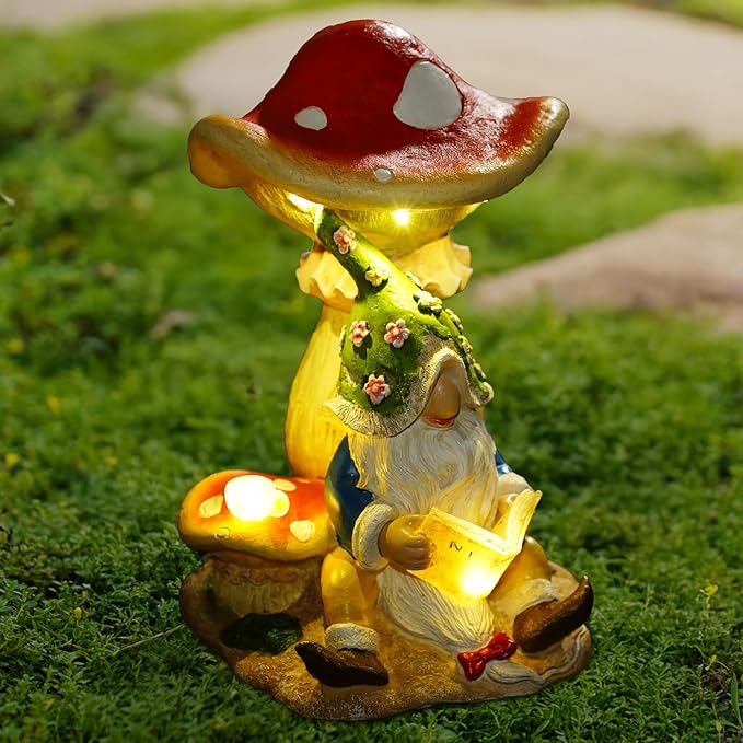 Upgraded Size Solar Garden Outdoor Statues Gnome Reading Under Mushroom with 5 LED Solar Figurine for Lawn,Patio,Balcony,Yard Decor Unique Housewarming Gift for Grandfather, Father,Grandma,Wen