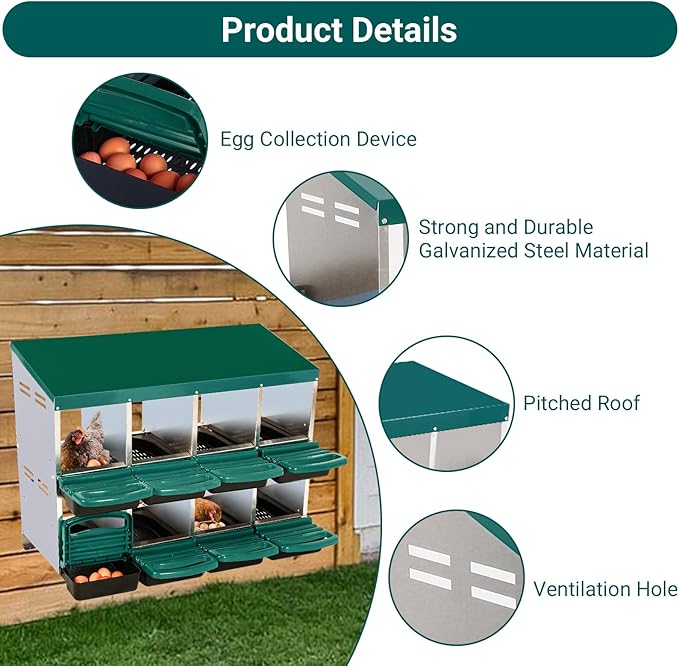 Chicken Nesting Box, 8-Hole Metal Wall Mount Chicken Laying Boxes with Legs and Lid Cover, Easy to Assemble, Roll-Away Egg Design Nesting Boxes for Outdoor Chicken Coop & Farm Yard, Green