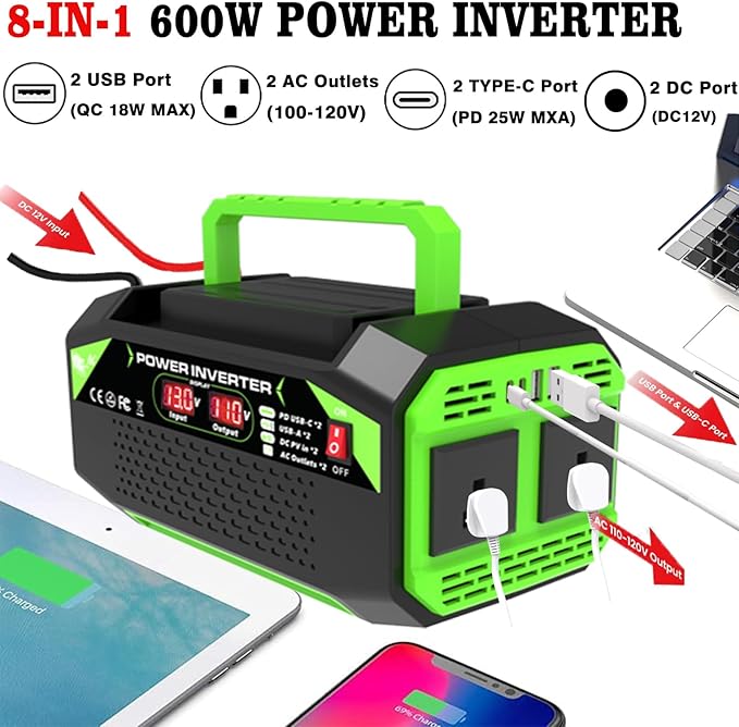 600W Power Inverter, 12V DC to 110V AC Converter with LED Display, 2 AC Outlets, 2 PD 25W Type-C, 2 QC 18W USB-A(4.2A),2 DC Port, for Road Trips Laptop Computer