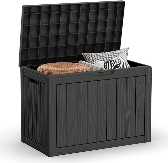 ROJIK Outdoor Storage Housing Deck Box - Waterproof Patio Furniture, Garden Tools, Cushions, Pool Accessories Storage Bench with Lockable Lid and Side Handles (Black 48 Gal)