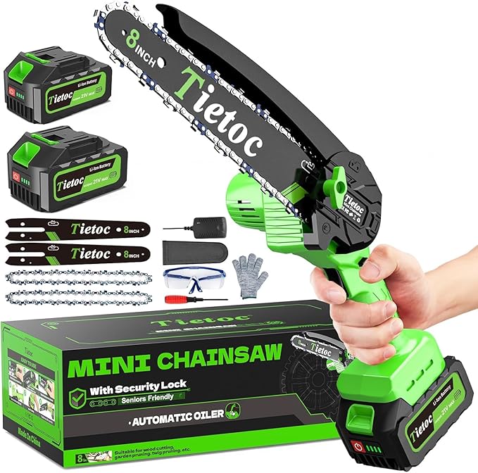 Tietoc Mini Chainsaw 8 inch Cordless with 2x 4000mAh Batteries, Battery Powerd Chain saw with Oiler, Lightweight Handheld Saw for Hous
