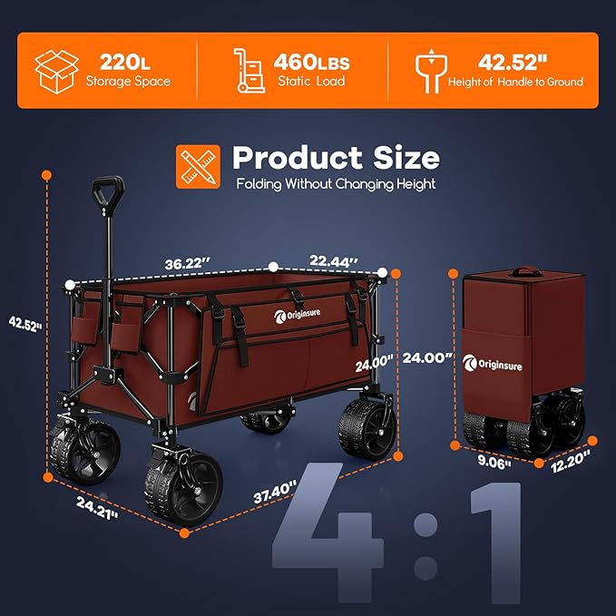220L Collapsible Wagon Cart Foldable, 460lbs Load Capacity Heavy Duty Folding Beach Wagons with Big All-Terrain Wheels, Utility Carts for Groceries, Shopping, Camping, Sports - Red