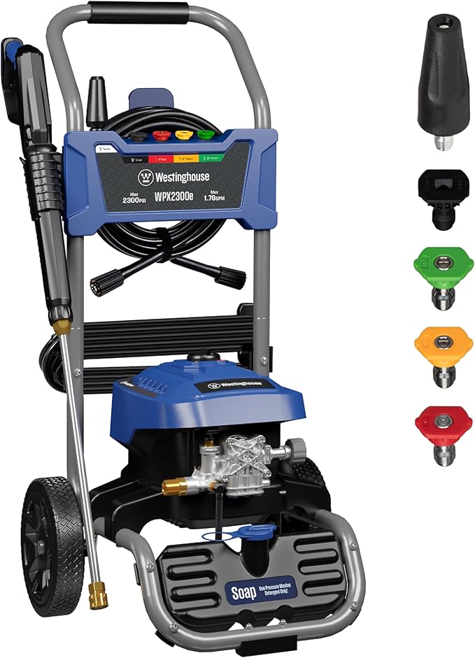 Westinghouse WPX2300e Electric Pressure Washer, 2300 Max PSI and 1.76 Max GPM, Induction Motor, Onboard Soap Tank, Spray Gun and Wand, 5 Nozzle Set, for Cars/Fences/Driveways/Homes/Patios/Furniture
