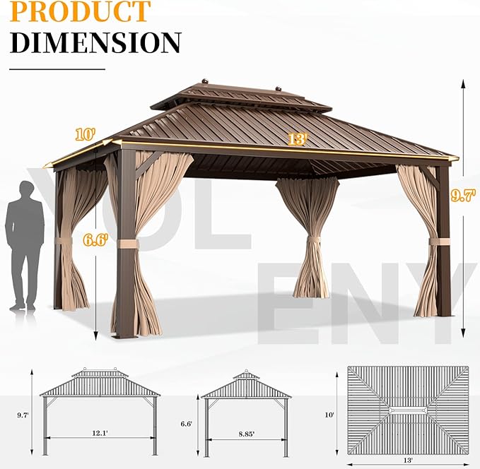 YOLENY 10' X 13' Hardtop Gazebo Galvanized Steel Outdoor Patio Gazebo Canopy Double Roof Pergolas Aluminum Frame with Netting and Curtains for Garden, Patio, Lawns, Parties