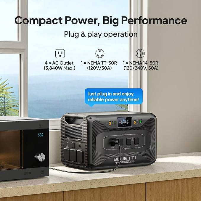 BLUETTI Apex 300 Solar Generator (2025 New) with 350W Solar Panel, 2764.8Wh LFP Battery Backup with 6 3840W AC Outlets (7680W Surge), 120V/240V Dual Voltage, Ideal for Camping and Off-Grid Living