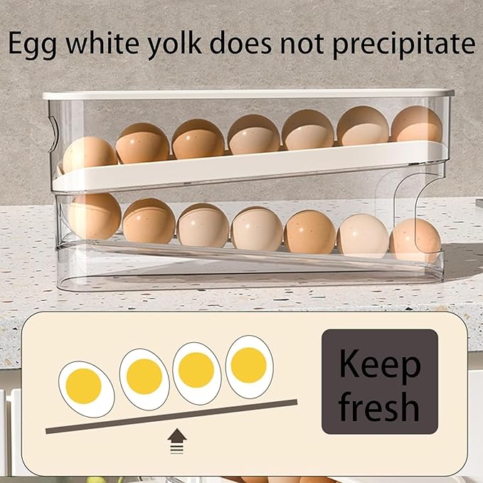 Auto Rolling Egg Holder for Fridge, Space Saving Eggs Dispenser, Sturdy and Durable Egg Traywith Lid, Stackable Fridge Container and Storage for 14 Large Eggs(2PCS)