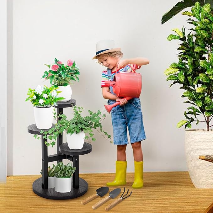 3 Tier Wood Plant Stand Indoor, Metal Iron Tiered Plant Stands Corner Plant Holder Flower Shelf Display Rack For Living Room Balcony Garden Patio (Black)