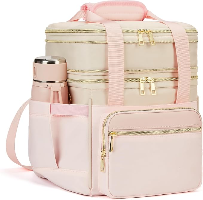 holuxer Insulated Lunch Bag & Lunch Box for Women - Double Deck Reusable Lunch Bag for men Tote Cooler Bag Leakproof Soft Expandable - Large Lunchbox for Work/Adult/Picnic/Outdoor (Pink,15L)