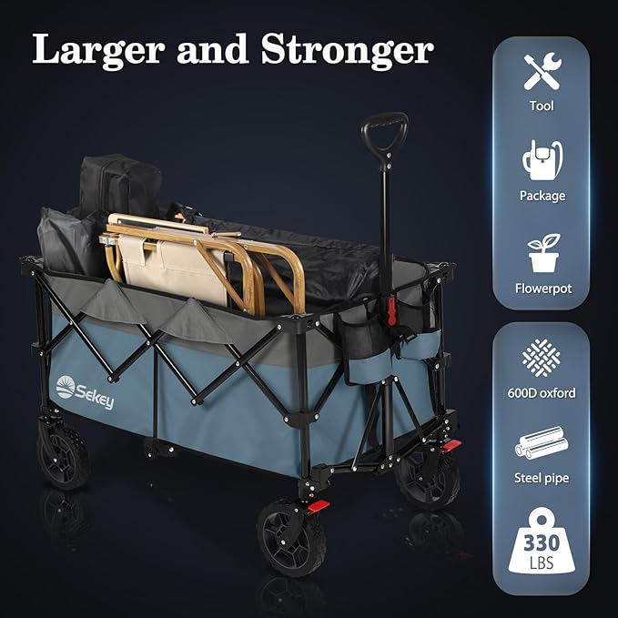Sekey 220L Collapsible Foldable Wagon with 330lbs Weight Capacity, Heavy Duty Folding Wagon Cart with Big All-Terrain Wheels & Drink Holders (Blue&Grey)