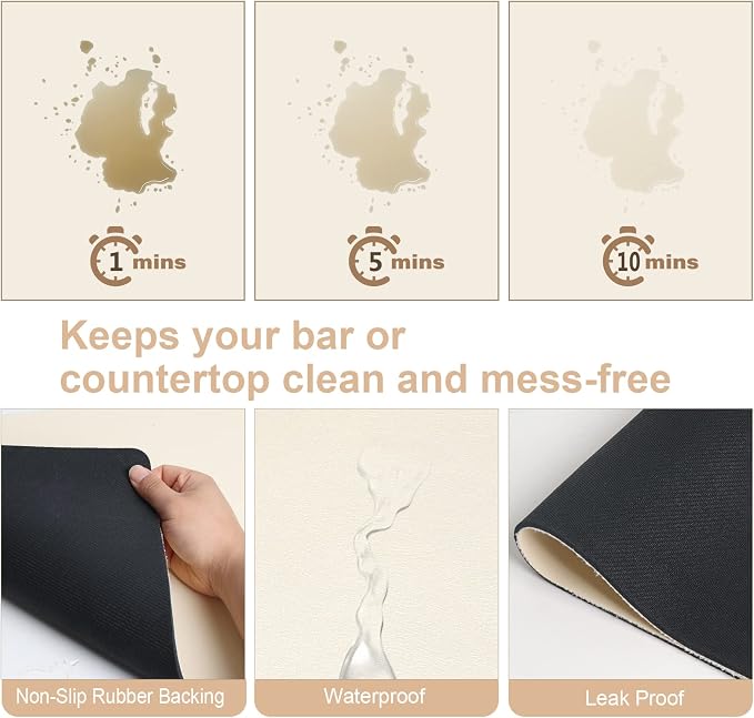 ZLR Coffee Bar Mat for Keurig & Nespresso, 12"x16" Small, Creamy | Absorbent Dish Drying Mat, Stain-Hiding PU Leather Top, Non-Slip Rubber Back, Heat-Resistant, Fits Frother & Pour-Over