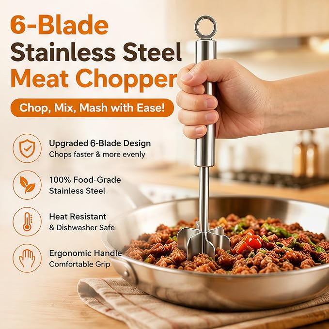 Meat Masher Dishwasher Safe, 304 Stainless Steel Meat Chopper,6-Blade Swirl Ground Beef Smasher,10 Inch Heavy Duty Potato & Hamburger Masher Tool (with Brush)
