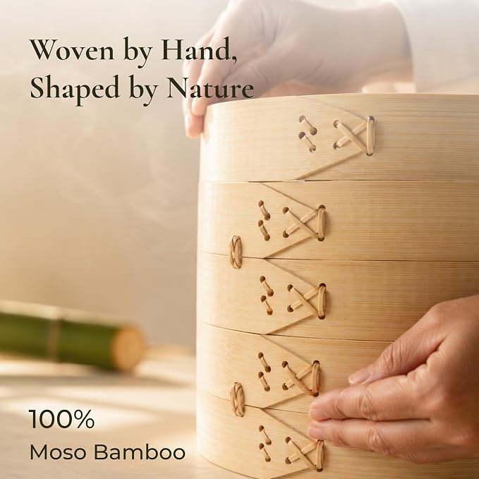 Bamboo Steamer Basket 10 Inch, Extra Deep Dumpling Steamer Set | Incl. Silicone Liners & Steel Ring, Steam Basket For Pot & Wok. Vegetable & Food Steamer For Dim Sum, Bao Buns