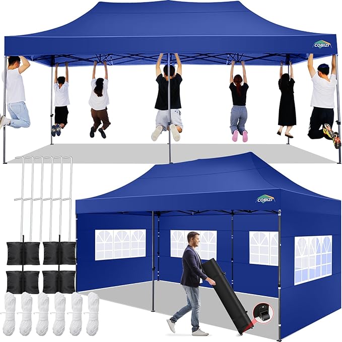 COBIZI 10x20 Pop up Canopy Tent 10x20 Canopy with 6 Sidewalls Waterproof Heavy Duty Commercial Canopy Tent for Parties Outdoor Garden Gazebo, Carry Bag with Wheel(10x20ft, Dark Blue)