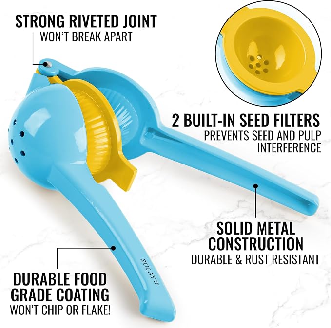 Zulay Metal 2-In-1 Lemon Squeezer Manual - Sturdy, Max Extraction Hand Juicer Lemon Squeezer Gets Every Last Drop - Easy to Clean Manual Citrus Juicer - Easy-to-Use Lemon Juicer Squeezer - Blue/Yellow