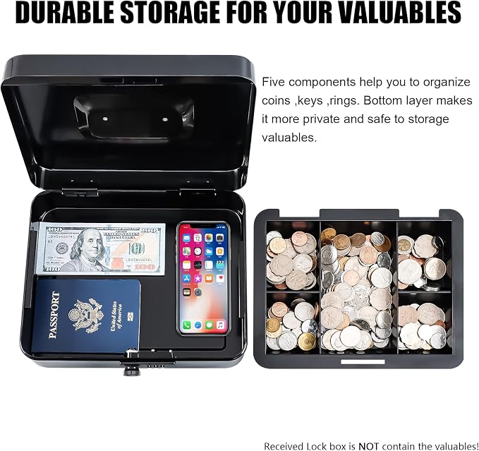 KYODOLED Large Cash Box with Combination Lock Safe Metal Money Box with Money Tray for Security Lock Box 9.84"x 7.87"x 3.54" Black