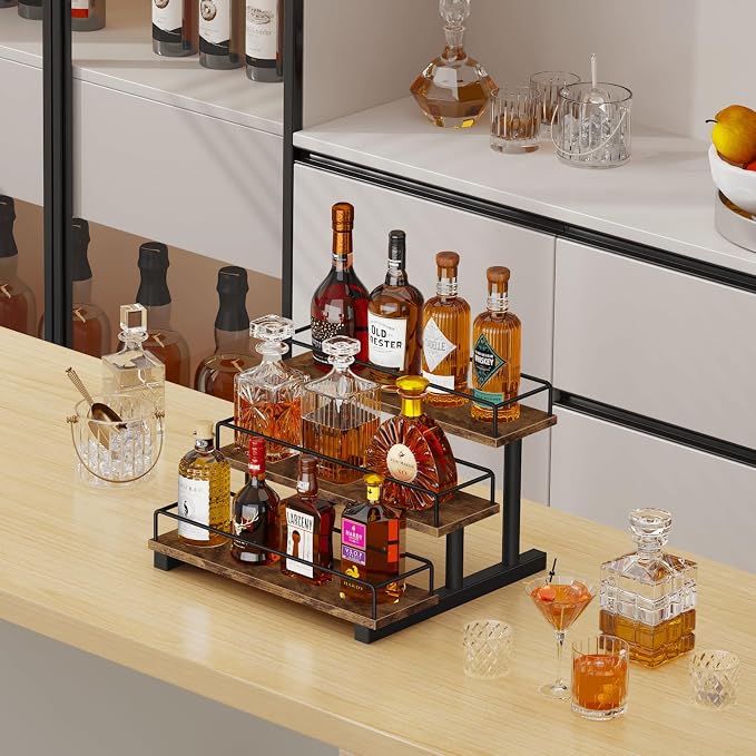Homode Liquor Bottle Display Shelf, Coffee Syrup Rack Organizer, 3 Tier Wine Rack Countertop, Home Retro Bar Shelf Stand Holder for Liquor Whiskey Spirits, Mini Bar, Liquor Cabinet, Rustic Brown