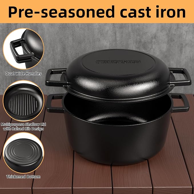 2-in-1 Pre-Seasoned Cast Iron Double Dutch Oven Pot with Skillet Lid & Silicone Sleeves – Raised Rib Skillet Lid– Umite Chef 7QT Cast Iron Skillet Cookware Pan Set wirh Dual Handles – Oven, Grill, Campfire & Stovetop Safe –PFAS-Free
