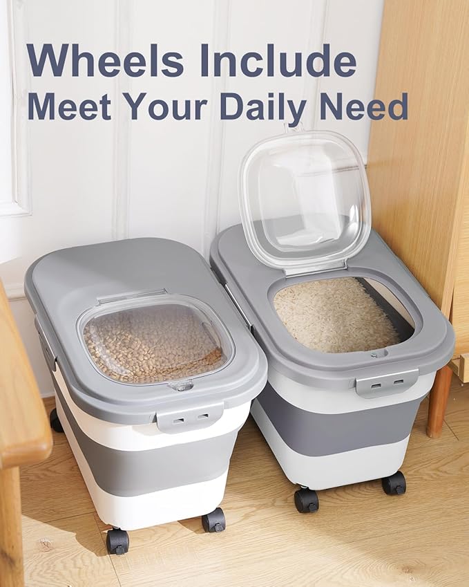 20-30 Lbs Rice Storage Container,Collapsible Food Storage Containers with Rolling Wheel Airtight Locking Lid,Flour Storage Container with Cup and Scoop,Suitable for Food,Rice,Pet Food,Flour