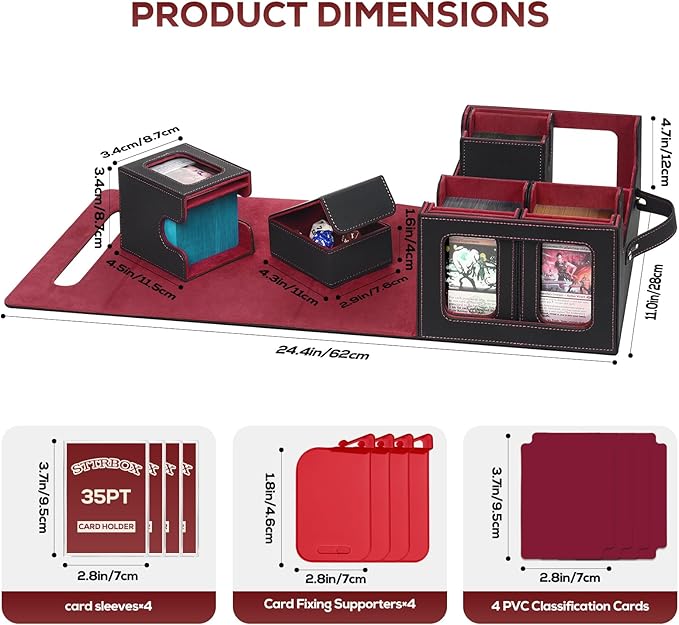 Trading Card Storage Box for MTG, card storage box with Commander Display,Multi-purpose Deck Case for MTG TCG Sports Card, 4 Toploaders, 4 Stoppers, 4 Colorful Dividers (Black & Red)