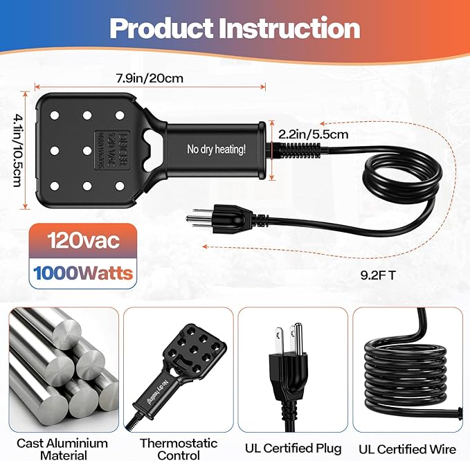 1000W Pond De-icer for Stock Tanks, Auto On/Off 35°F-77°F, 9ft UL Cord, IPX8, Cast Aluminum Utility Heater