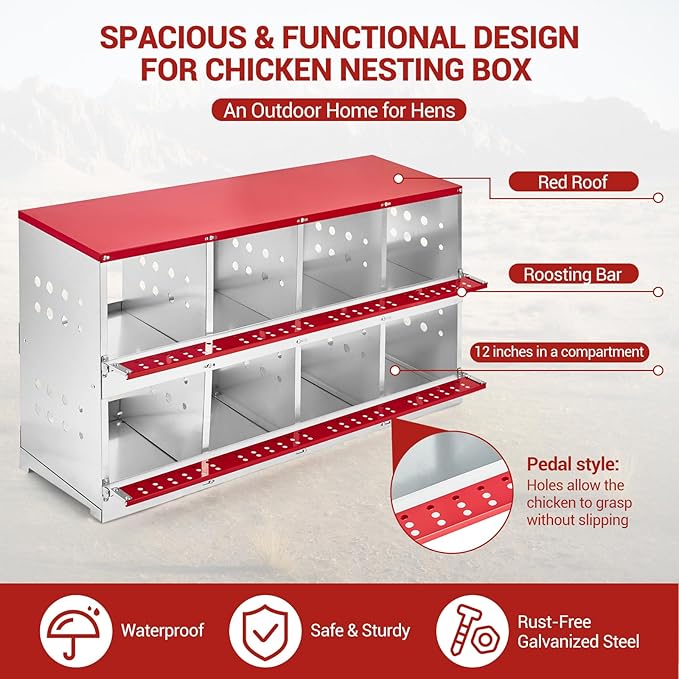 Metal Chicken Nesting Boxes - 8 Hole Wall-Mountable Laying Boxes with Roll-Away Egg Collection, Weatherproof Galvanized Steel, for Chicken Coop, Red