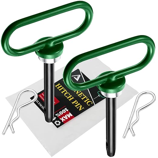 2 Packs Magnetic Hitch Pin, Lawn Mower Trailer Hitch Pins 1/2 Inch with Handle and Clip, Trailer Gate Pin for Mowers, Tractor Truck, Towing Cargo, ATV - Simple One Handed Hook On & Off(Green