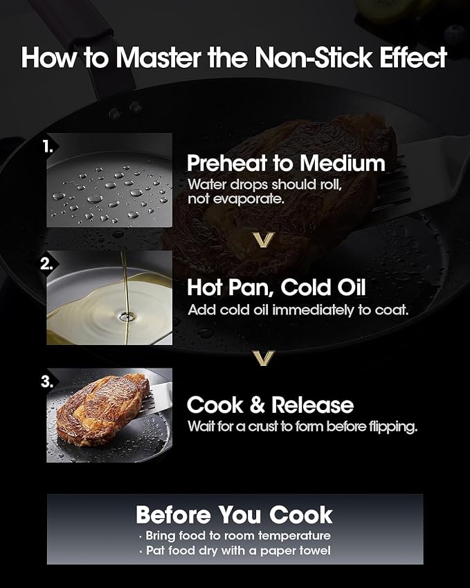 Carbon Steel Frying Pan Set, 10 & 12 Inch Nitrided Skillets | Multiple Cooking Sizes with Natural Patina Development; Ideal for Daily Cooking & High-heat Recipes