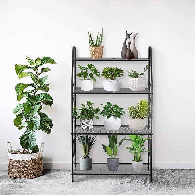 Plant Stand, 4 Tier Plant Shelf for Indoor Outdoor, Heavy Duty Metal Tall Plant Stands Holder Rack for Living Room Balcony and Garden, Black