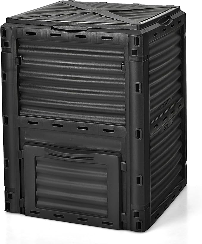 Compost Bin Outdoor, 80 Gallon Garden Compost Bin with Top Lid & Bottom Door, Aerating Outdoor Compost Box Waste Container Barrel Fertilizer for Garden & Yard (Black)