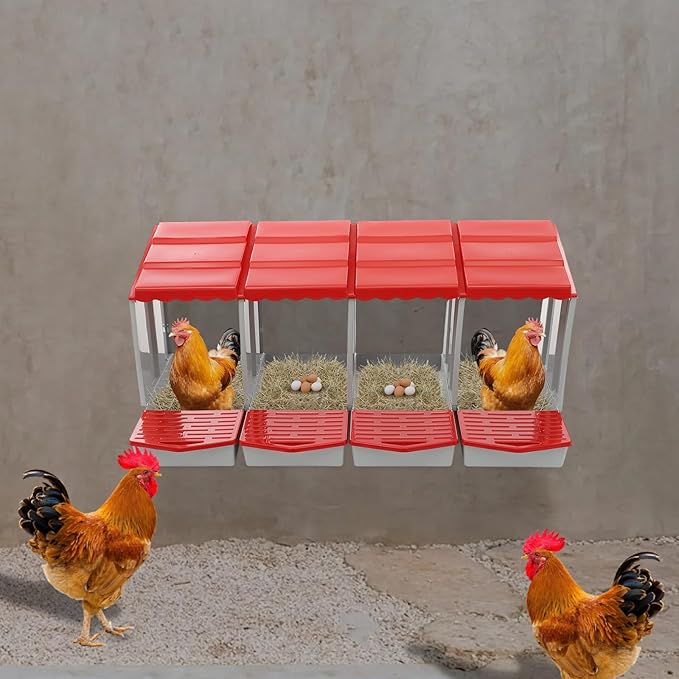 Chicken Nesting Boxes 4 Compartment PP Nesting Box with Inclined Nesting Boxes & Vented Holes Wall Mount Chicken Laying Boxes for Chicken Coop (Red)