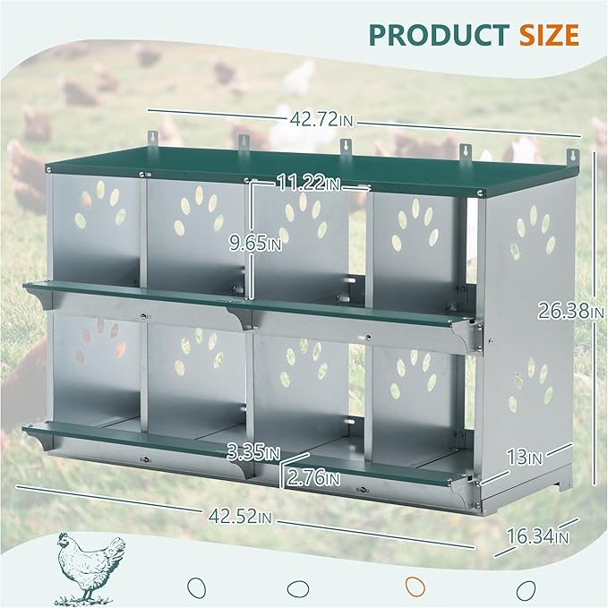 Chicken Nesting Boxes 8 Compartment, Metal Coop Box for Hens, Wall Mount Poultry Nest, Large Vented Holes, Egg Laying Box for Chickens