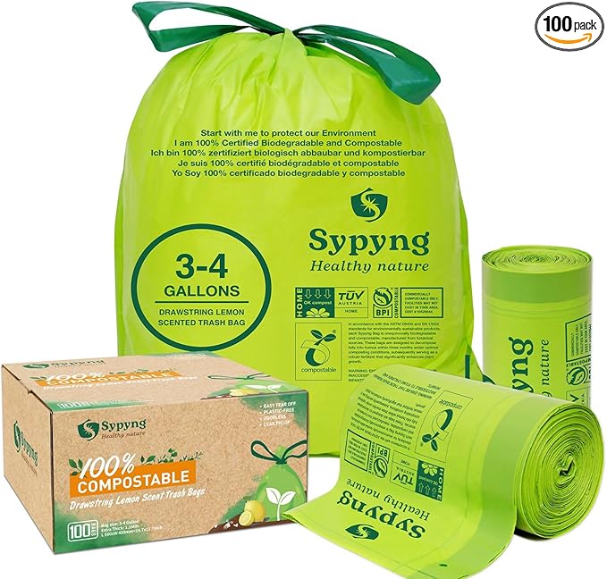 Compostable Kitchen Trash Bags 3-4 Gallon (100-Pack) - Heavy-Duty 1.1 Mil, 100% Biodegradable, ASTM D6400, BPI & OK Compost HOME Certified, Eco-Friendly, Leakproof & Odor Control