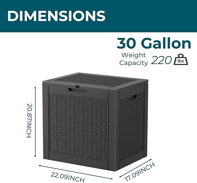 Vixzen 31 Gallon Resin Deck Box - Lockable Outdoor Storage for Patio Cushions, Garden Tools, Pool Supplies,Black