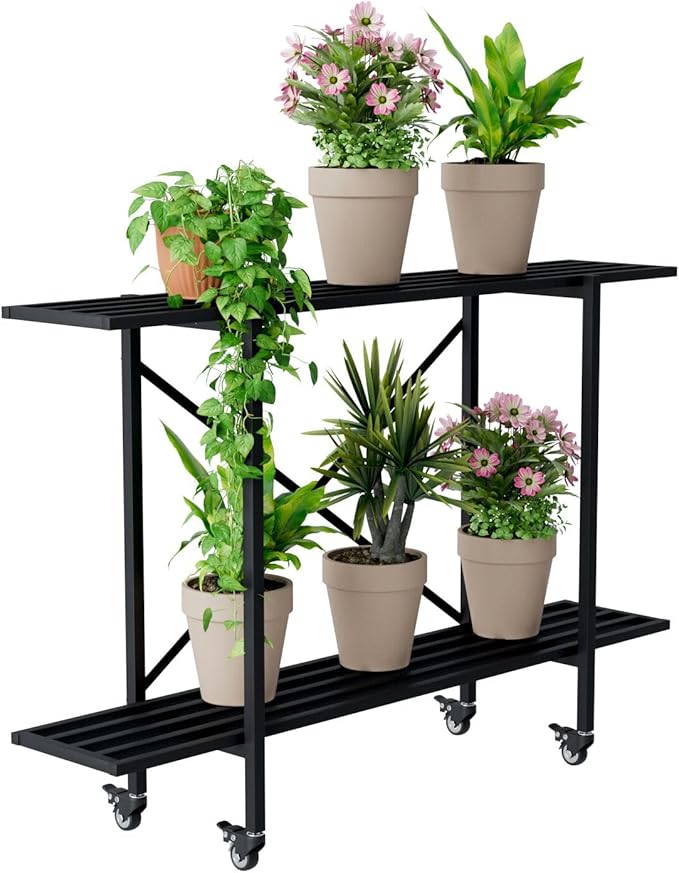 Zhongma 2 Tier Metal Sturdy Narrow Plant Stand with Wheels, Plant Stand Indoor and Outdoor, L45.67 x W10.3 x H29.9 inch, 440 LBS Capacity & Heavy Duty Construction.