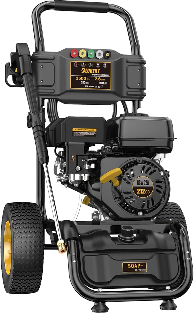 BLUBERY Gas Pressure Washer, 3500 PSI Pressure Washer,2.6 GPM Heavy Duty Power Washer, 30 feet Pressure Hose&Soap Tank,4-Stroke OHV 212cc Engine,Portable Industrial Style,Black
