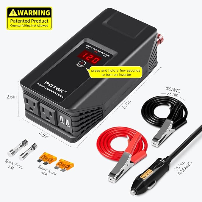 POTEK 750W Power Inverter 12V DC to 110V AC Car Adapter with Two USB and AC Charging Ports for Laptop,Tablet, Smartphone,Camera and More