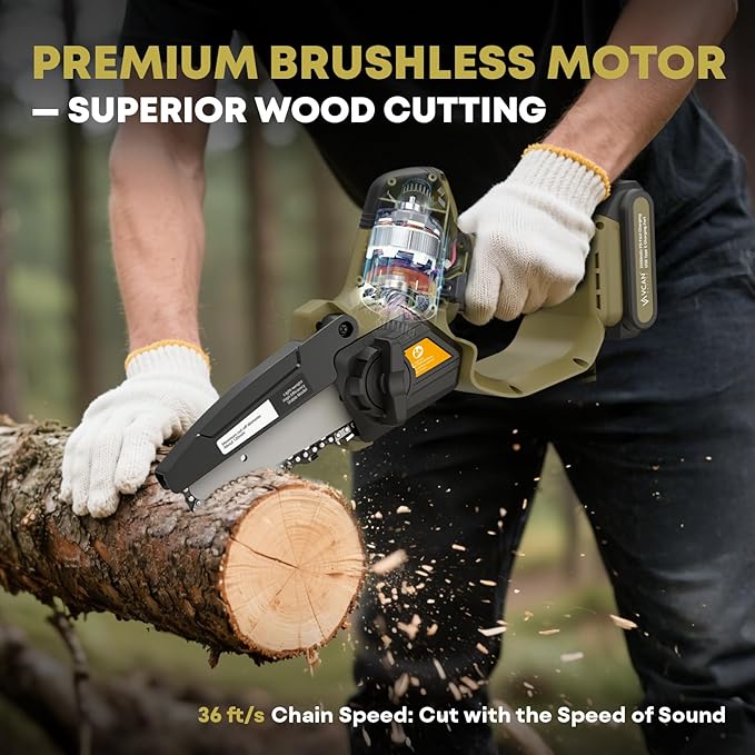 Mini Chainsaw Cordless 5 inch 36Ft/s Brushless Electric Chainsaw Pruning Saw with 21V 5Ah Battery 2PCS PD Fast Charging Batteries & 2 Chains for Tree Branch Wood Cutting Gardening for Men Dad Husband