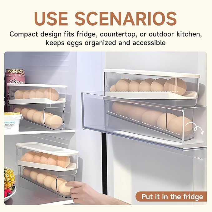Rolling Egg Holder for Fridge, Egg Dispenser for Refrigerator, Automatic Rolling Storage Container for Countertop, Kitchen & Outdoor Use (3.35"x3.74"x11.02") 1 Pack