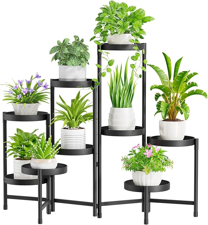 iDavosic.ly Plant Stand Indoor Outdoor, 9 Tier Corner Metal Flower Display Holder Shelf, Folding Tall Orchid Rack for Patio Balcony Porch Garden Living Room House, Black