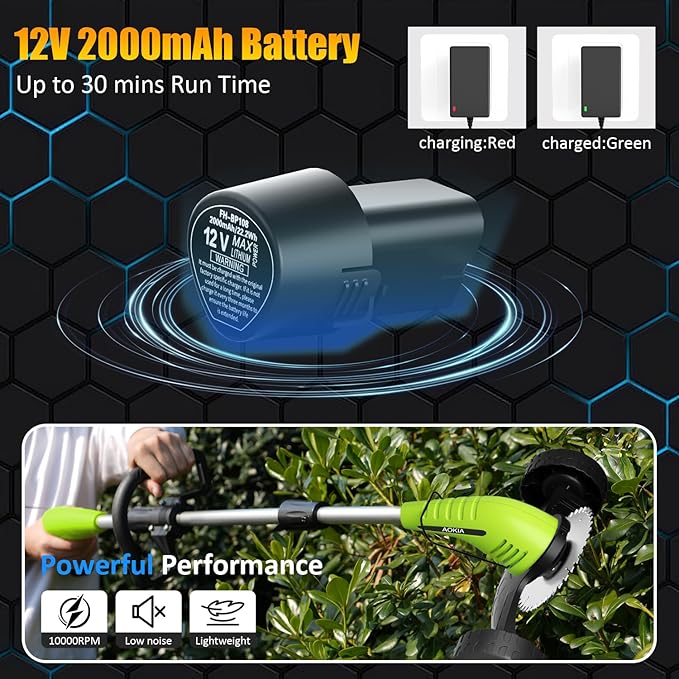 Electric Weed Wacker Cordless: String Trimmer with Roller 2Types Blades - 2.0Ah 12V Battery Powered Lightweight Grass Cutter/Mower for Yard and Garden, Green