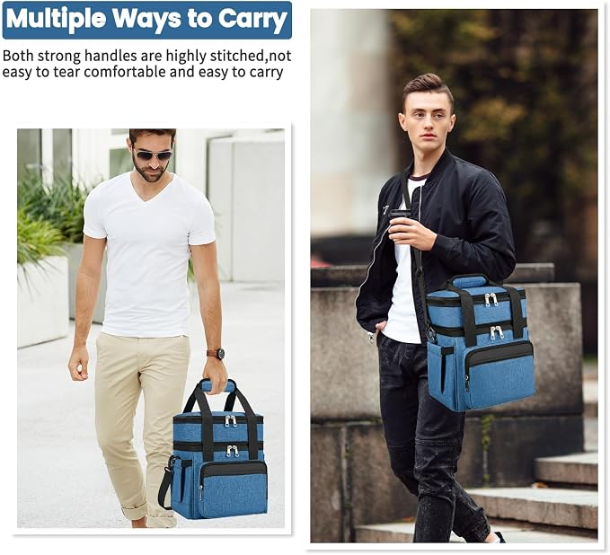 holuxer Insulated Lunch Bag & Lunch Box for Men - Double Deck Reusable Lunch Bag for Women Tote Cooler Bag Leakproof Soft Expandable - Large Lunchbox for Work/Adult/Picnic/Outdoor (Blue,15L)