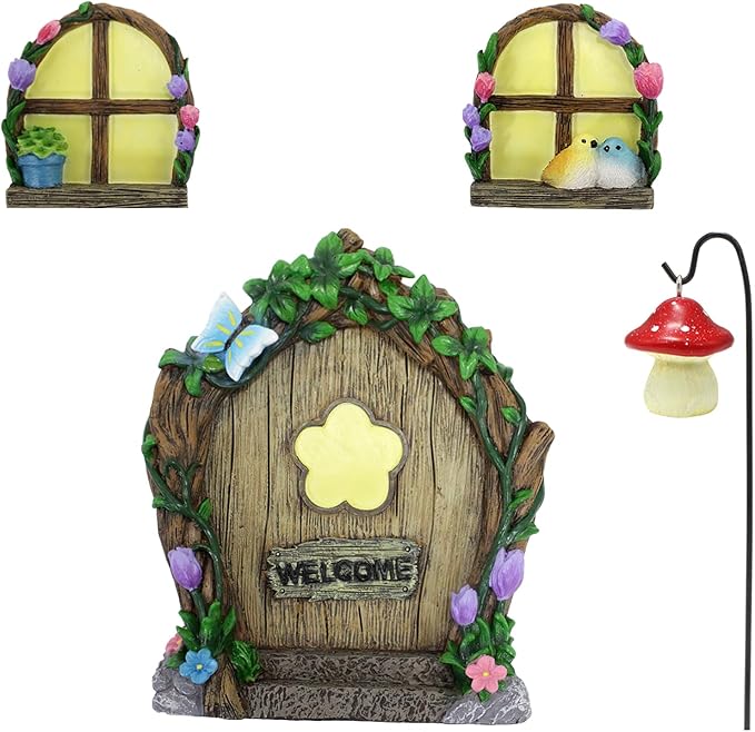 Fairy Door and Windows Garden Kit Accessories Outdoor, Glow in Dark Gnome House for Tree, Lawn Yard Art Sculpture, Miniature Garden Decor (Butterfly)