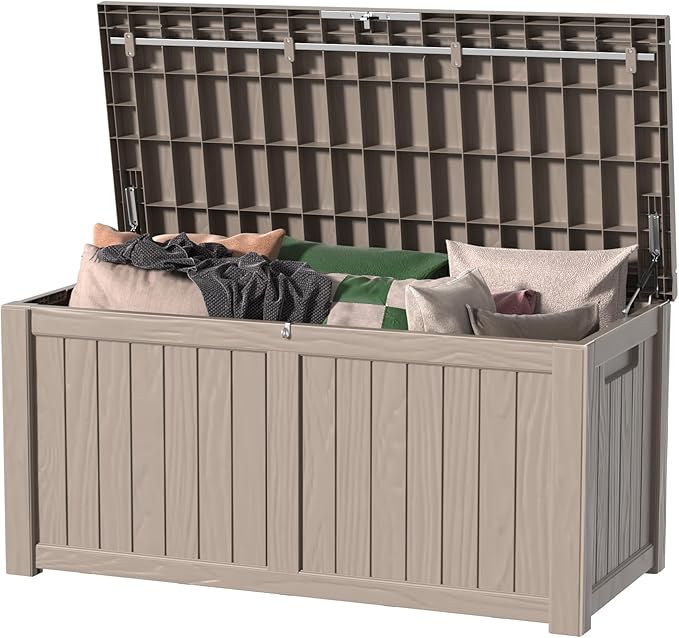 120 Gallon Outdoor Storage Box – Resin Deck Box with Lockable Lid, Waterproof Patio Furniture Storage for Tools, Garden & Yard Organization