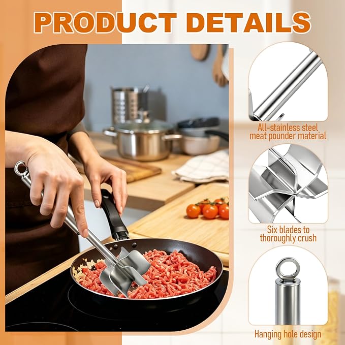 Meat Masher Dishwasher Safe, 304 Stainless Steel Meat Chopper,6-Blade Swirl Ground Beef Smasher,10 Inch Heavy Duty Potato & Hamburger Masher Tool (with Brush)