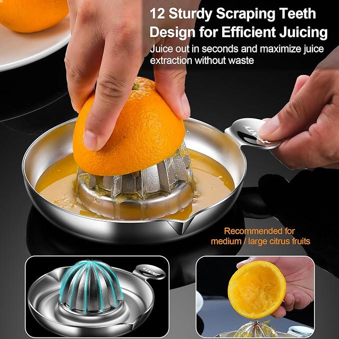 Lemon Squeezer Stainless Steel, Ultra Heavy Duty Manual Hand Juicer | Premium Citrus Reamer Juicer, Lime Orange Fruit Squeezer, 12 Scraping Teeth, 200ML Container, 2 Pour Spouts, Dishwasher Safe