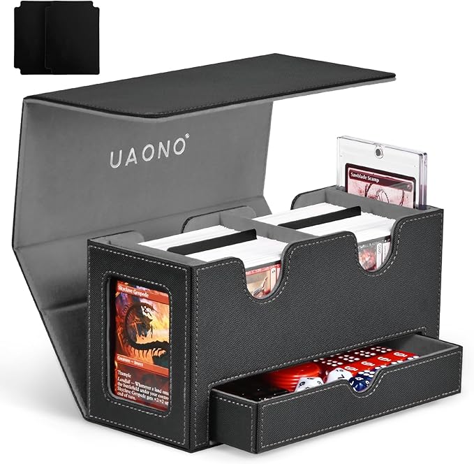 Card Deck Box for MTG, Double Storage Box with 2 Commander Display & 1 Dice Tray, Fits 200+ Double Sleeved, Organizer for CCG TCG Sports(Black Gray)