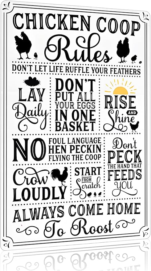 Funny Chicken Gifts Chicken Coop Rules Tin Sign for Home Farm Chicken Coop Farmhouse Kitchen Garden Decor 8 X 12 Inch (3720)