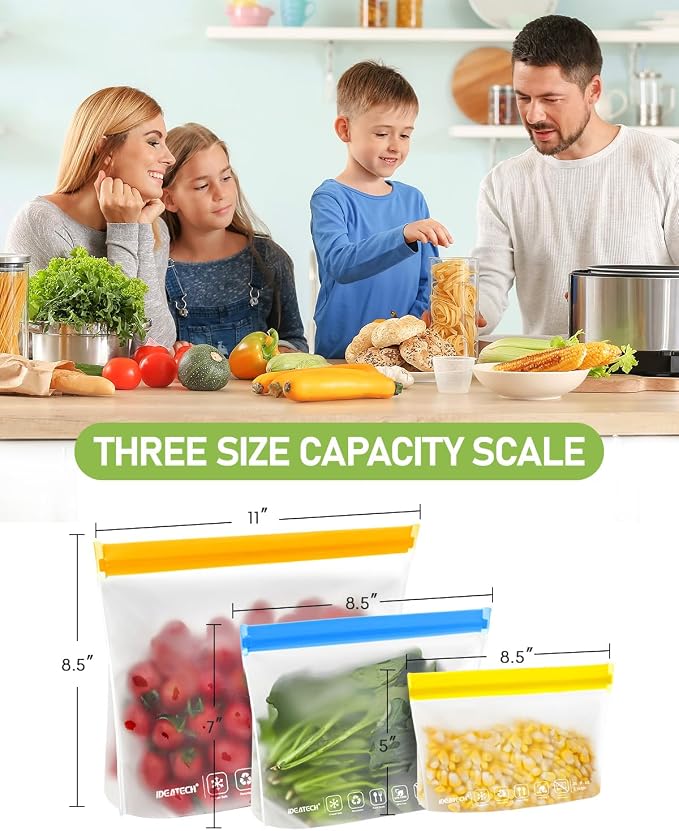 IDEATECH Reusable Bags for Food, Snack, Sandwich Storage, Dishwasher Safe & Leakproof Freezer Bags, Large Gallon & Quart BPA Free Reusable Baggies for Marinate Meats, Lunch, Trave(12Pack, Colored)